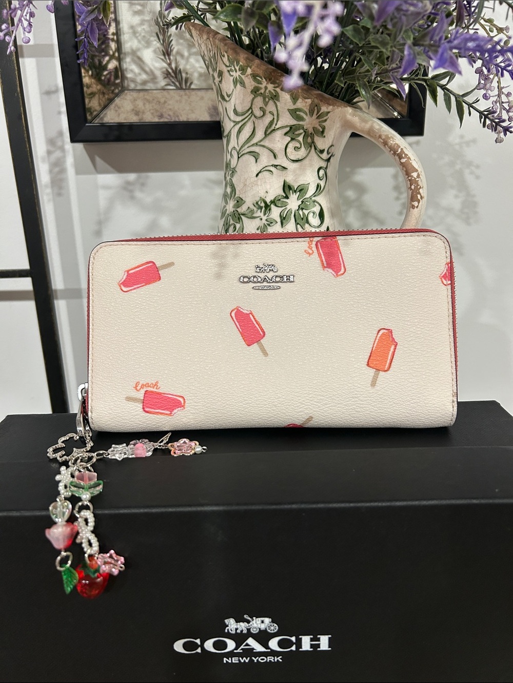 Coach Cream Zip Wallet with Pink & Orange Popsicle Print and Charm